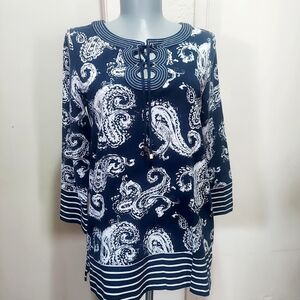 JONES NEW YORK SIGNATURE~S~DARK NAVY & WHITE PAISLEY COTTON STRETCH KNIT TUNIC